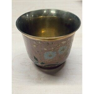 Vintage Solid Brass & Enamel Floral Flower Pot Planter
